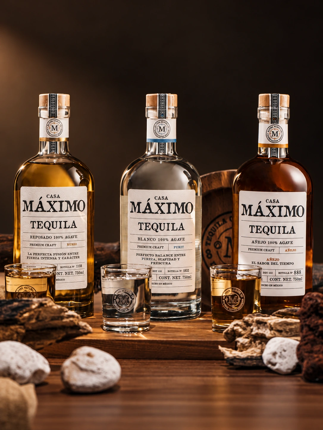 Blanco, Reposado y Añejo Casa Máximo con caballitos sobre madera y piedra