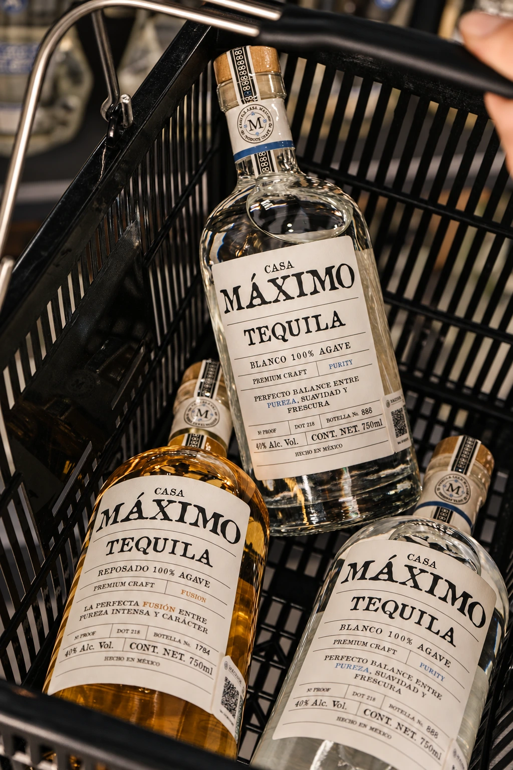 Botellas Casa Máximo en una canasta de compra