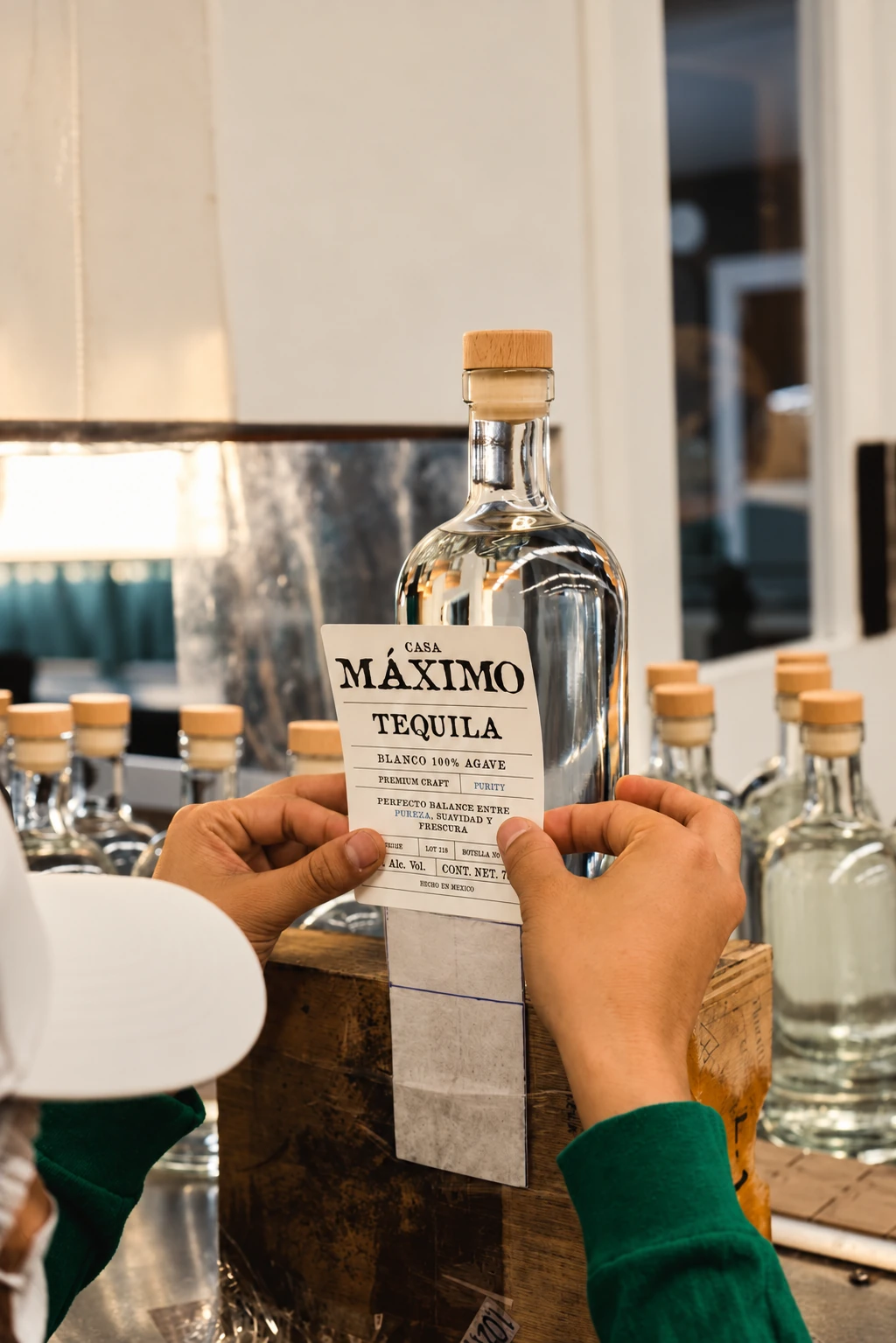 Aplicación manual de la etiqueta en una botella Casa Máximo Blanco